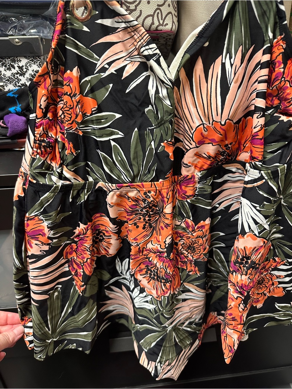 Black Tropical Floral V-Neck Swim Top with Orange Blossoms